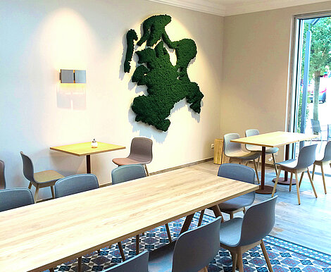 Free-form map of Rügen as moss picture with moss edging, Evergreen Premium moss, Freund GmbH, wall picture, biophilic design