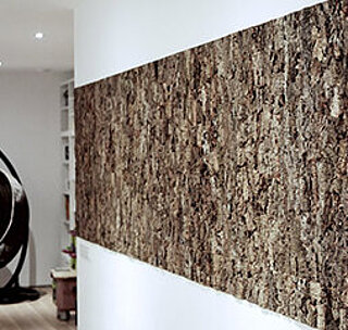 Natural cork bark panels for acoustically effective wall panels, wooden walls, Freund GmbH