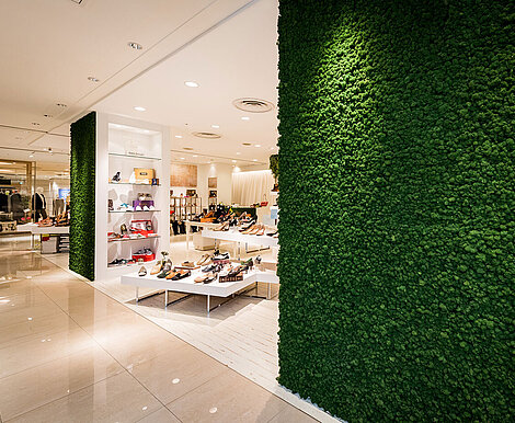 Echte pflegefreie Mooswände, Schuhgeschäft in Shopping mall, Kawasaki, Japan