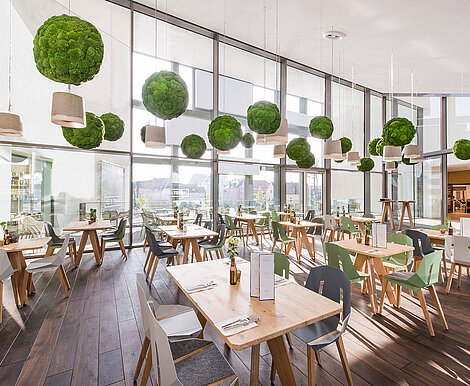 Functionally acoustic moss spheres with Greenhill Premium moss by Freund, Weissglut restaurant