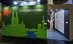 Cologne branding for imm cologne, Freund exhibition stand, Evergreen Premium moss in three colours, skyline, Köln